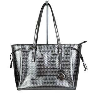 Michael Kors Voyageur Specchio Medium Top Zip Tote Bag Gunmetal Silver Metallic